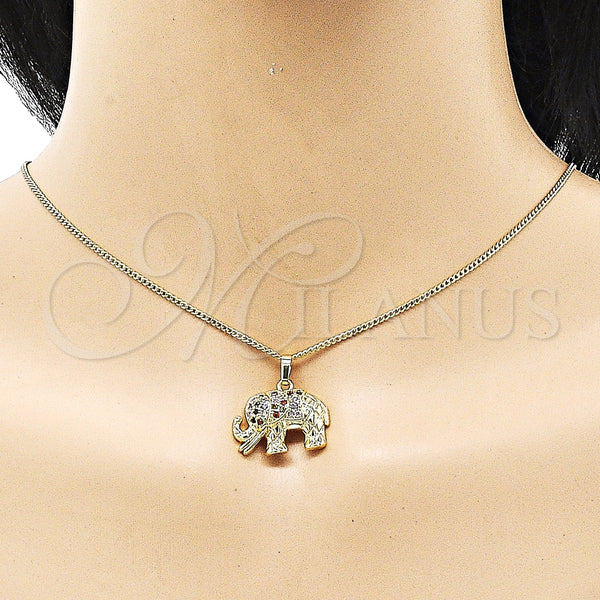 Juego de Arete y Dije de Adulto 10.284.0026.1 Oro Laminado, Diseño de Elefante, con Multicolor and Negro Micro Pave, Pulido, Tono Dorado