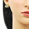 Juego de Arete y Dije de Adulto 10.284.0026.1 Oro Laminado, Diseño de Elefante, con Multicolor and Negro Micro Pave, Pulido, Tono Dorado