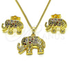 Juego de Arete y Dije de Adulto 10.284.0026.1 Oro Laminado, Diseño de Elefante, con Multicolor and Negro Micro Pave, Pulido, Tono Dorado