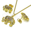 Juego de Arete y Dije de Adulto 10.284.0026.1 Oro Laminado, Diseño de Elefante, con Multicolor and Negro Micro Pave, Pulido, Tono Dorado