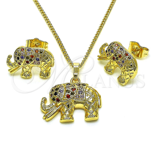 Juego de Arete y Dije de Adulto 10.284.0026.1 Oro Laminado, Diseño de Elefante, con Multicolor and Negro Micro Pave, Pulido, Tono Dorado
