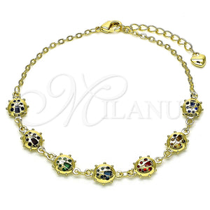 Pulsera Elegante 03.213.0195.07 Oro Laminado, Diseño de Mariquita y Rolo, con Multicolor Zirconia Cubica, Pulido, Tono Dorado (02 MM Thickness, 7 Inches Length)