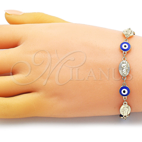 Pulsera Elegante 03.213.0199.07 Oro Laminado, Diseño de Ojo Griego y San Judas, Esmaltado Azul, Tono Dorado (08 MM Thickness, 7 Inches Length)