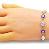 Pulsera Elegante 03.213.0199.07 Oro Laminado, Diseño de Ojo Griego y San Judas, Esmaltado Azul, Tono Dorado (08 MM Thickness, 7 Inches Length)