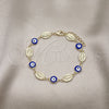 Pulsera Elegante 03.213.0199.07 Oro Laminado, Diseño de Ojo Griego y San Judas, Esmaltado Azul, Tono Dorado (08 MM Thickness, 7 Inches Length)