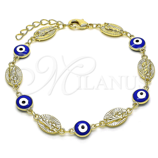 Pulsera Elegante 03.213.0199.07 Oro Laminado, Diseño de Ojo Griego y San Judas, Esmaltado Azul, Tono Dorado (08 MM Thickness, 7 Inches Length)