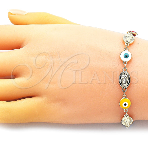Pulsera Elegante 03.213.0199.1.07 Oro Laminado, Diseño de Ojo Griego y San Judas, Esmaltado Multicolor, Tono Dorado (08 MM Thickness, 7 Inches Length)