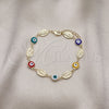 Pulsera Elegante 03.213.0199.1.07 Oro Laminado, Diseño de Ojo Griego y San Judas, Esmaltado Multicolor, Tono Dorado (08 MM Thickness, 7 Inches Length)