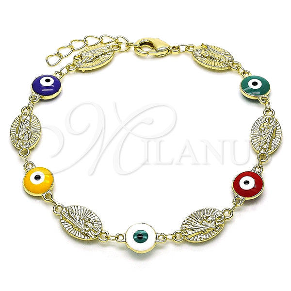 Pulsera Elegante 03.213.0199.1.07 Oro Laminado, Diseño de Ojo Griego y San Judas, Esmaltado Multicolor, Tono Dorado (08 MM Thickness, 7 Inches Length)