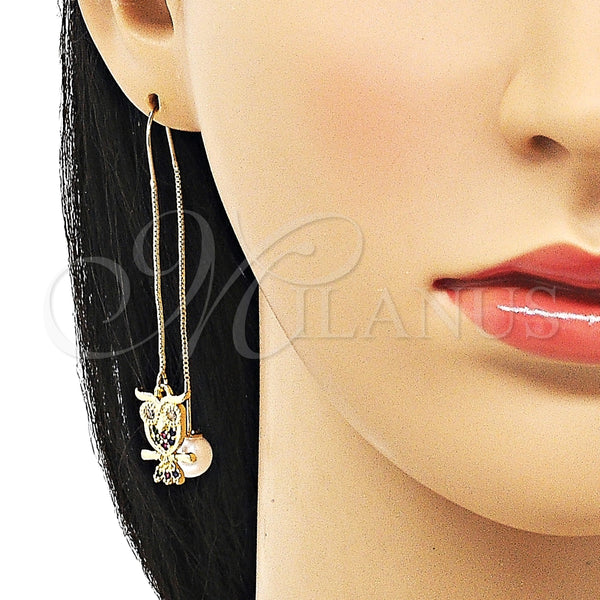 Arete Violador 02.210.0812.1 Oro Laminado, Diseño de Búho, con Multicolor and Blanca Micro Pave, Pulido, Tono Dorado
