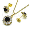 Juego de Arete y Dije de Adulto 10.199.0086.6 Oro Laminado, Diseño de Flor y Cluster, con Zirconia Cubica Negro y Blanca, Pulido, Tono Dorado