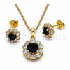 Juego de Arete y Dije de Adulto 10.199.0086.6 Oro Laminado, Diseño de Flor y Cluster, con Zirconia Cubica Negro y Blanca, Pulido, Tono Dorado