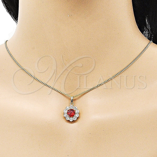 Juego de Arete y Dije de Adulto 10.199.0086.7 Oro Laminado, Diseño de Flor y Cluster, con Granate and Blanca Zirconia Cubica, Pulido, Tono Dorado