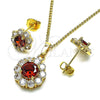 Juego de Arete y Dije de Adulto 10.199.0086.7 Oro Laminado, Diseño de Flor y Cluster, con Granate and Blanca Zirconia Cubica, Pulido, Tono Dorado
