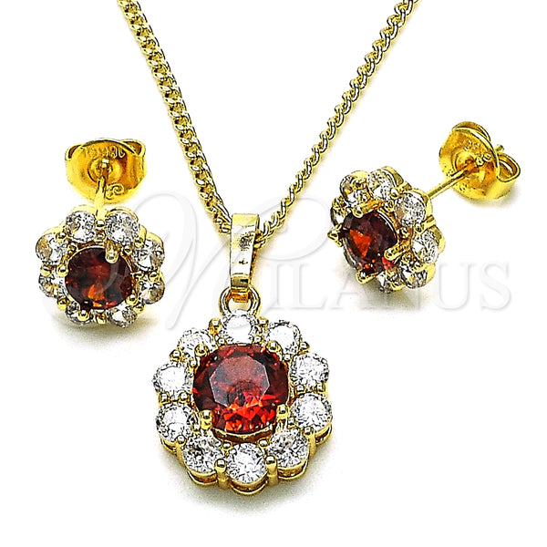 Juego de Arete y Dije de Adulto 10.199.0086.7 Oro Laminado, Diseño de Flor y Cluster, con Granate and Blanca Zirconia Cubica, Pulido, Tono Dorado