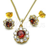 Juego de Arete y Dije de Adulto 10.199.0086.7 Oro Laminado, Diseño de Flor y Cluster, con Granate and Blanca Zirconia Cubica, Pulido, Tono Dorado