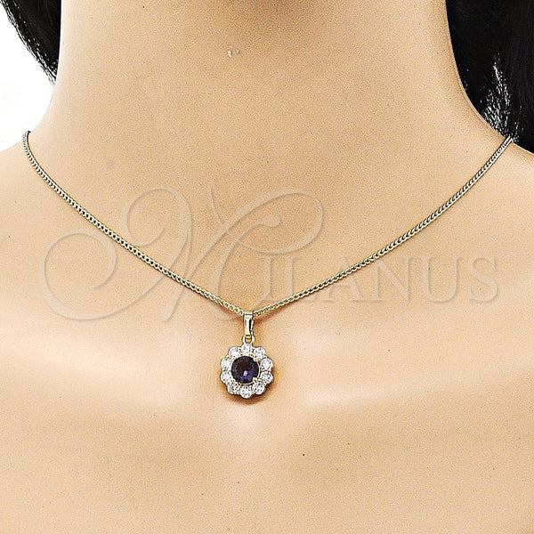 Juego de Arete y Dije de Adulto 10.199.0086.8 Oro Laminado, Diseño de Flor y Cluster, con Dark Ametista and Blanca Zirconia Cubica, Pulido, Tono Dorado