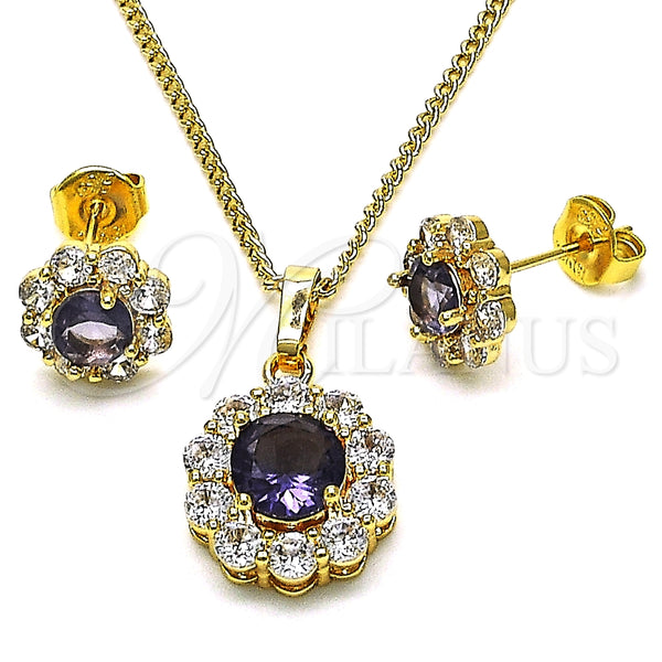Juego de Arete y Dije de Adulto 10.199.0086.8 Oro Laminado, Diseño de Flor y Cluster, con Dark Ametista and Blanca Zirconia Cubica, Pulido, Tono Dorado