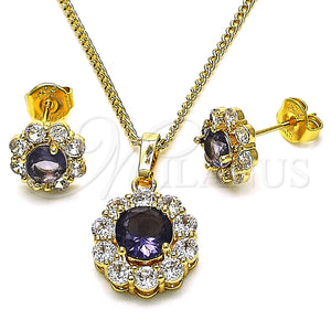 Juego de Arete y Dije de Adulto 10.199.0086.8 Oro Laminado, Diseño de Flor y Cluster, con Dark Ametista and Blanca Zirconia Cubica, Pulido, Tono Dorado
