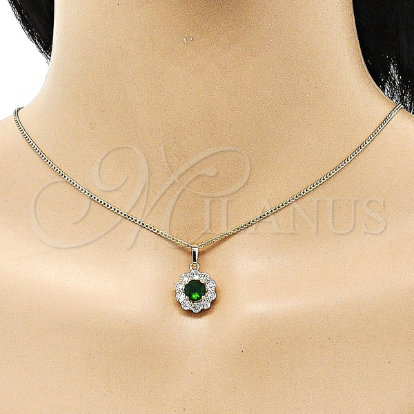 Juego de Arete y Dije de Adulto 10.199.0086.9 Oro Laminado, Diseño de Flor y Cluster, con Verde and Blanca Zirconia Cubica, Pulido, Tono Dorado
