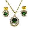 Juego de Arete y Dije de Adulto 10.199.0086.9 Oro Laminado, Diseño de Flor y Cluster, con Verde and Blanca Zirconia Cubica, Pulido, Tono Dorado