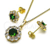 Juego de Arete y Dije de Adulto 10.199.0086.9 Oro Laminado, Diseño de Flor y Cluster, con Verde and Blanca Zirconia Cubica, Pulido, Tono Dorado
