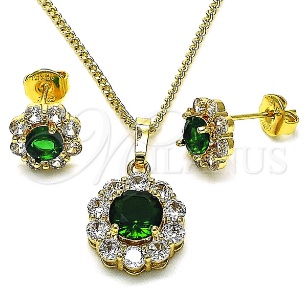 Juego de Arete y Dije de Adulto 10.199.0086.9 Oro Laminado, Diseño de Flor y Cluster, con Verde and Blanca Zirconia Cubica, Pulido, Tono Dorado