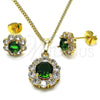 Juego de Arete y Dije de Adulto 10.199.0086.9 Oro Laminado, Diseño de Flor y Cluster, con Verde and Blanca Zirconia Cubica, Pulido, Tono Dorado