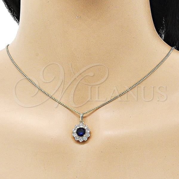 Juego de Arete y Dije de Adulto 10.199.0086.10 Oro Laminado, Diseño de Flor y Cluster, con Zafiro Azul and Blanca Zirconia Cubica, Pulido, Tono Dorado