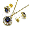Juego de Arete y Dije de Adulto 10.199.0086.10 Oro Laminado, Diseño de Flor y Cluster, con Zafiro Azul and Blanca Zirconia Cubica, Pulido, Tono Dorado