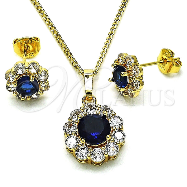 Juego de Arete y Dije de Adulto 10.199.0086.10 Oro Laminado, Diseño de Flor y Cluster, con Zafiro Azul and Blanca Zirconia Cubica, Pulido, Tono Dorado