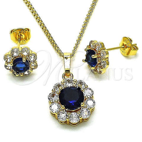 Juego de Arete y Dije de Adulto 10.199.0086.10 Oro Laminado, Diseño de Flor y Cluster, con Zafiro Azul and Blanca Zirconia Cubica, Pulido, Tono Dorado