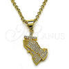 Dije Religioso 05.342.0125 Oro Laminado, Diseño de Manos de Rogacion y Cruz, con Micro Pave Blanca, Pulido, Tono Dorado