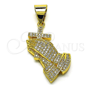 Dije Religioso 05.342.0125 Oro Laminado, Diseño de Manos de Rogacion y Cruz, con Micro Pave Blanca, Pulido, Tono Dorado