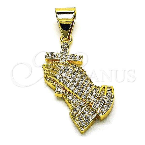Dije Religioso 05.342.0125 Oro Laminado, Diseño de Manos de Rogacion y Cruz, con Micro Pave Blanca, Pulido, Tono Dorado