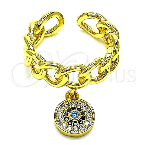 Anillo Multi Piedra 01.341.0087 Oro Laminado, Diseño de Cubana y Ojo Griego, con Topacio Azul and Negro Micro Pave, Pulido, Tono Dorado (One size fits all)