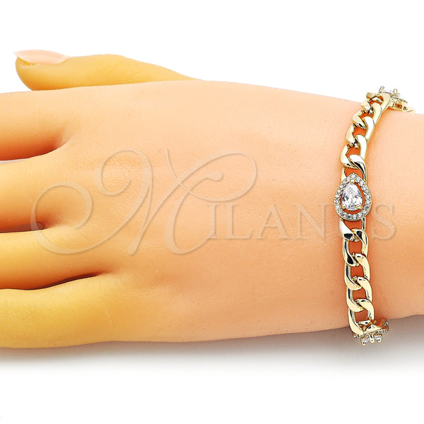 Pulsera Elegante 03.283.0266.07 Oro Laminado, Diseño de Gota y Cubana, con Blanca Zirconia Cubica and Blanca Micro Pave, Pulido, Tono Dorado (07 MM Thickness, 7 Inches Length)