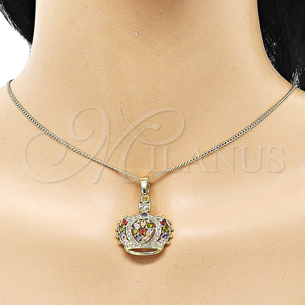 Juego de Arete y Dije de Adulto 10.210.0171 Oro Laminado, Diseño de Corona, con Multicolor Zirconia Cubica and Blanca Micro Pave, Pulido, Tono Dorado
