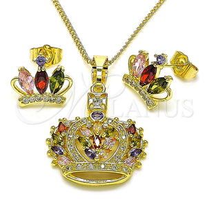 Juego de Arete y Dije de Adulto 10.210.0171 Oro Laminado, Diseño de Corona, con Multicolor Zirconia Cubica and Blanca Micro Pave, Pulido, Tono Dorado