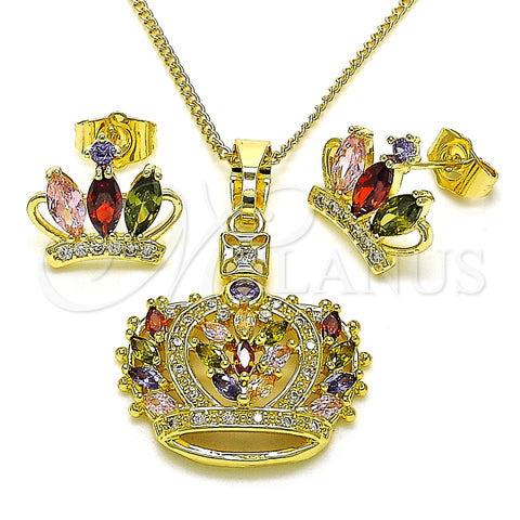 Juego de Arete y Dije de Adulto 10.210.0171 Oro Laminado, Diseño de Corona, con Multicolor Zirconia Cubica and Blanca Micro Pave, Pulido, Tono Dorado