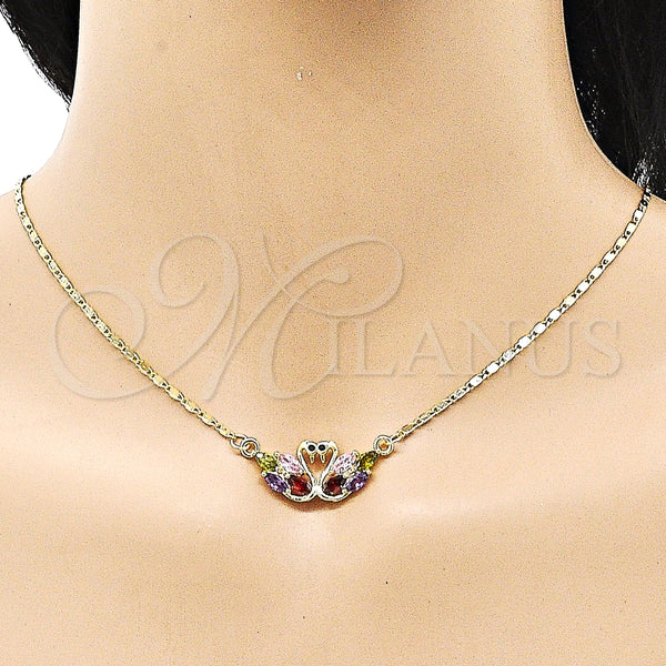 Juego de Arete y Dije de Adulto 10.210.0174 Oro Laminado, Diseño de Cisne, con Multicolor and Negro Zirconia Cubica, Pulido, Tono Dorado