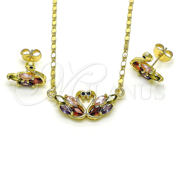 Juego de Arete y Dije de Adulto 10.210.0174 Oro Laminado, Diseño de Cisne, con Multicolor and Negro Zirconia Cubica, Pulido, Tono Dorado