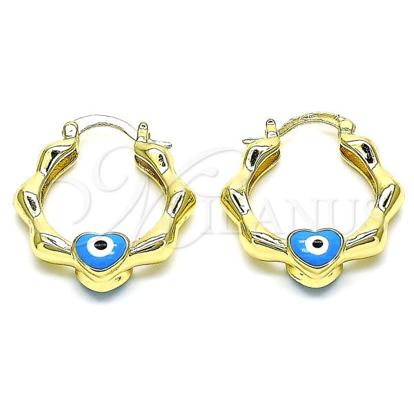 Argolla Pequeña 02.213.0443.25 Oro Laminado, Diseño de Corazon y Ojo Griego, Diseño de Corazon, Esmaltado Azul Claro, Dorado