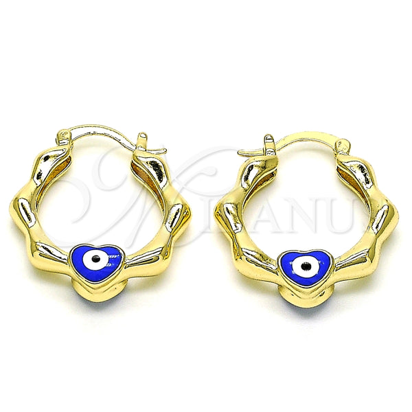 Argolla Pequeña 02.213.0443.1.25 Oro Laminado, Diseño de Corazón y Ojo Griego, Esmaltado Azul, Tono Dorado
