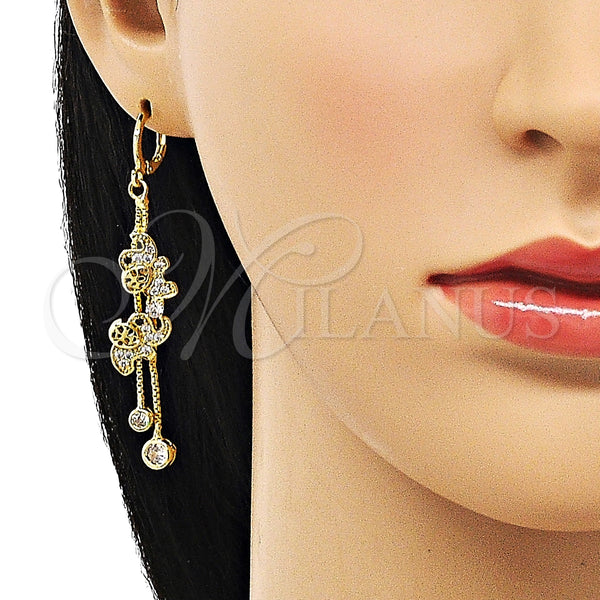 Arete Largo 02.316.0079.1 Oro Laminado, Diseño de Elefante y Box, con Blanca and Negro Micro Pave, Pulido, Tono Dorado