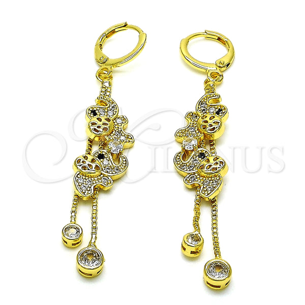 Arete Largo 02.316.0079.1 Oro Laminado, Diseño de Elefante y Box, con Blanca and Negro Micro Pave, Pulido, Tono Dorado