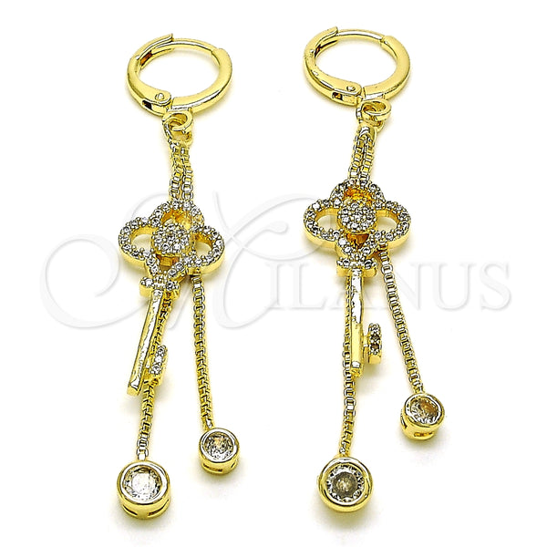 Arete Largo 02.316.0088 Oro Laminado, Diseño de Llave y Box, con Blanca Micro Pave and Blanca Zirconia Cubica, Pulido, Tono Dorado