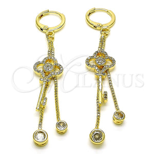 Arete Largo 02.316.0088 Oro Laminado, Diseño de Llave y Box, con Blanca Micro Pave and Blanca Zirconia Cubica, Pulido, Tono Dorado