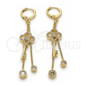 Arete Largo 02.316.0088 Oro Laminado, Diseño de Llave y Box, con Micro Pave Blanca y Zirconia Cubica Blanca, Pulido, Tono Dorado