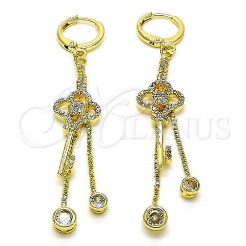 Arete Largo 02.316.0088 Oro Laminado, Diseño de Llave y Box, con Blanca Micro Pave and Blanca Zirconia Cubica, Pulido, Tono Dorado
